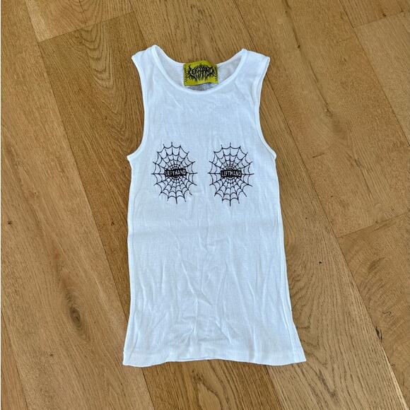 Left Hand - Spider Web Sleeveless Ribbed Tank Top in White & Black - Picture 1 of 3